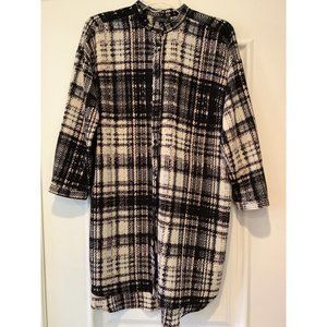 Topshop Tartan Plaid Tie Waist Shirt Dress Mandarin Collar Black Cream Size 4
